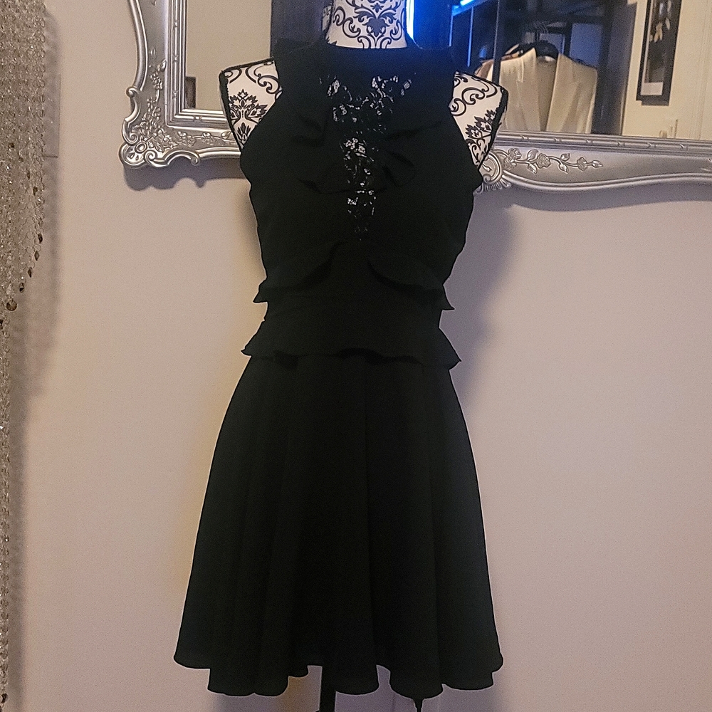 LAST CALL Lace V Ruffled Little Black Skater Dress